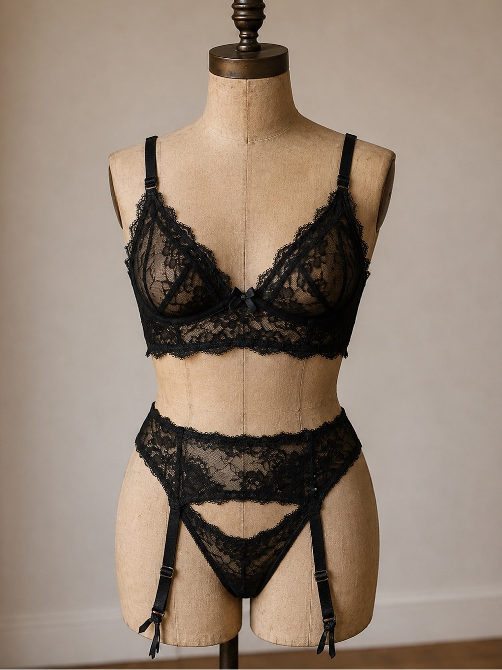 Pleasure State Black Lace Bralette & Lace Garter Band